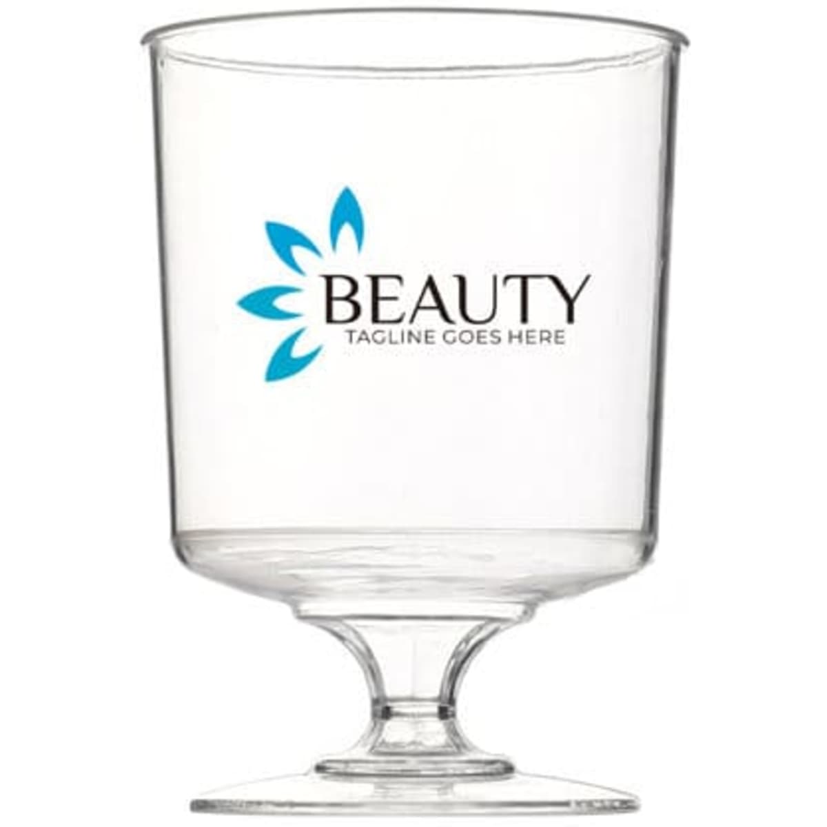 A clear plastic wine glass with a stem, featuring a logo in blue and black.