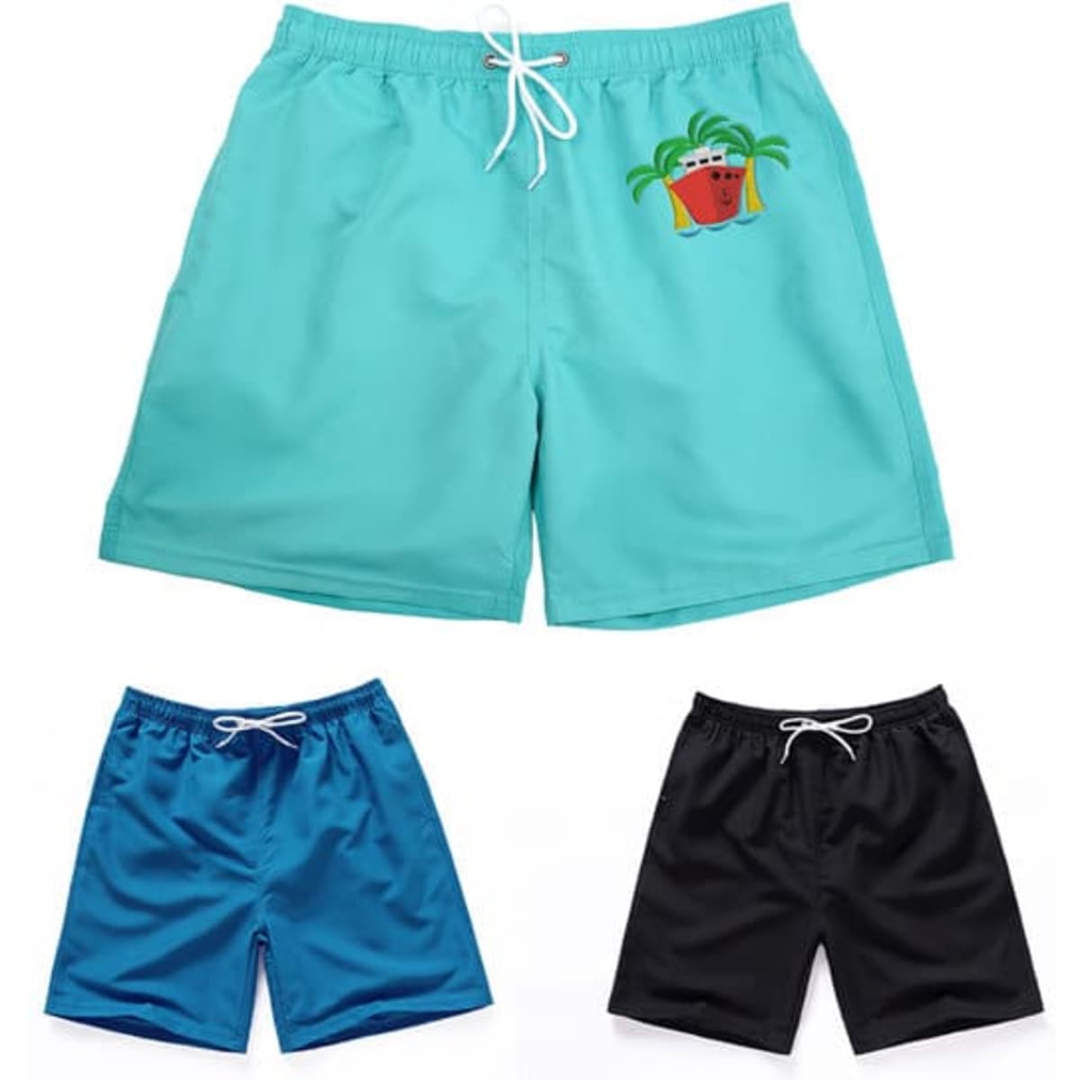 Men's quick dry swim trunks in turquoise, blue, and black, featuring mesh lining and a logo on the turquoise pair.
