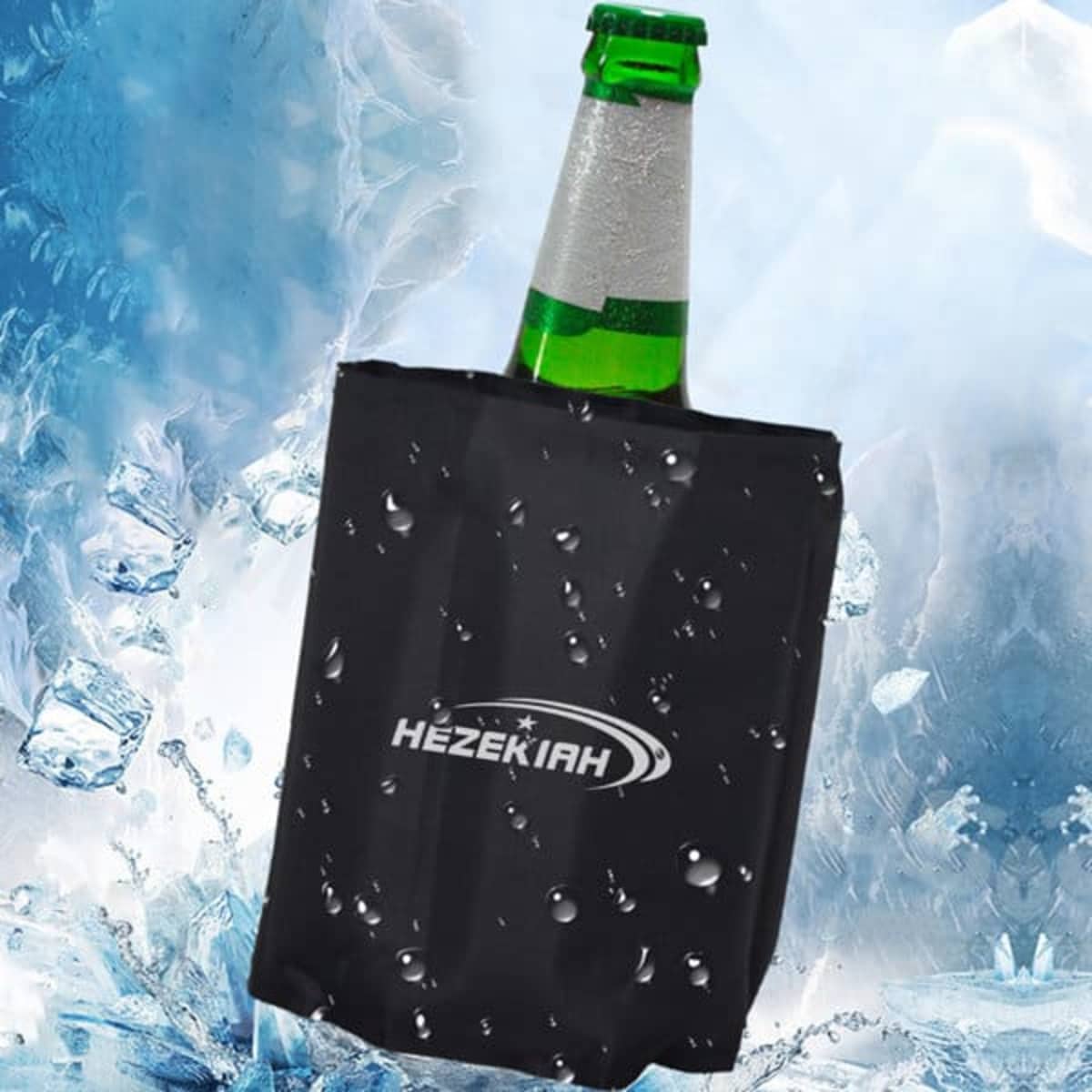 A drink bottle in a black gel wine cooler wrap, featuring a logo, against a backdrop of ice and water droplets.