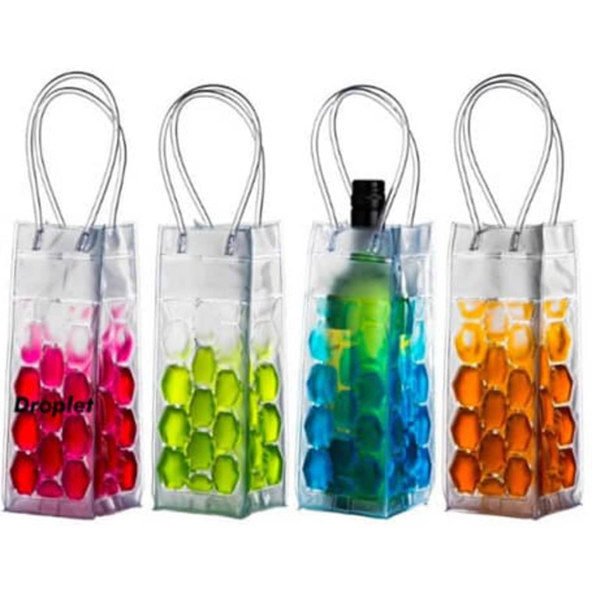 A set of four colourful freezer gel wine cooler bags, each with a drink bottle inside and a logo on one bag.