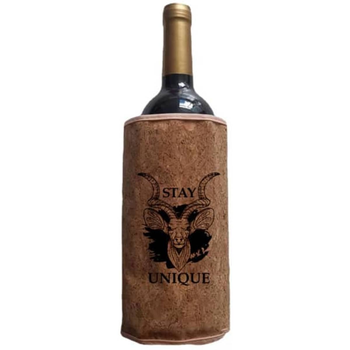 A drink bottle wrapped in a cork material featuring a design with a goat and the words "Stay Unique."