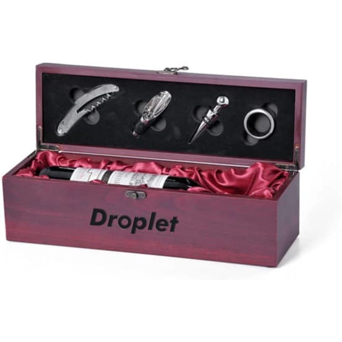A wine gift box in rich mahogany, containing a bottle of wine and four stainless steel accessories.
