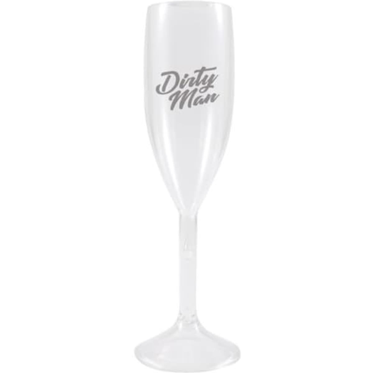 A clear plastic champagne glass with a tall stem, featuring a logo. It holds 6 oz of liquid.