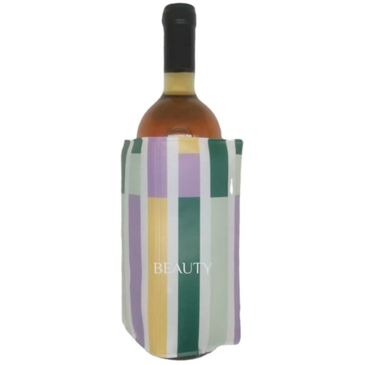 A drink bottle wrapped in a multi-coloured gel cooler with a logo, featuring vertical stripes in pastel shades.