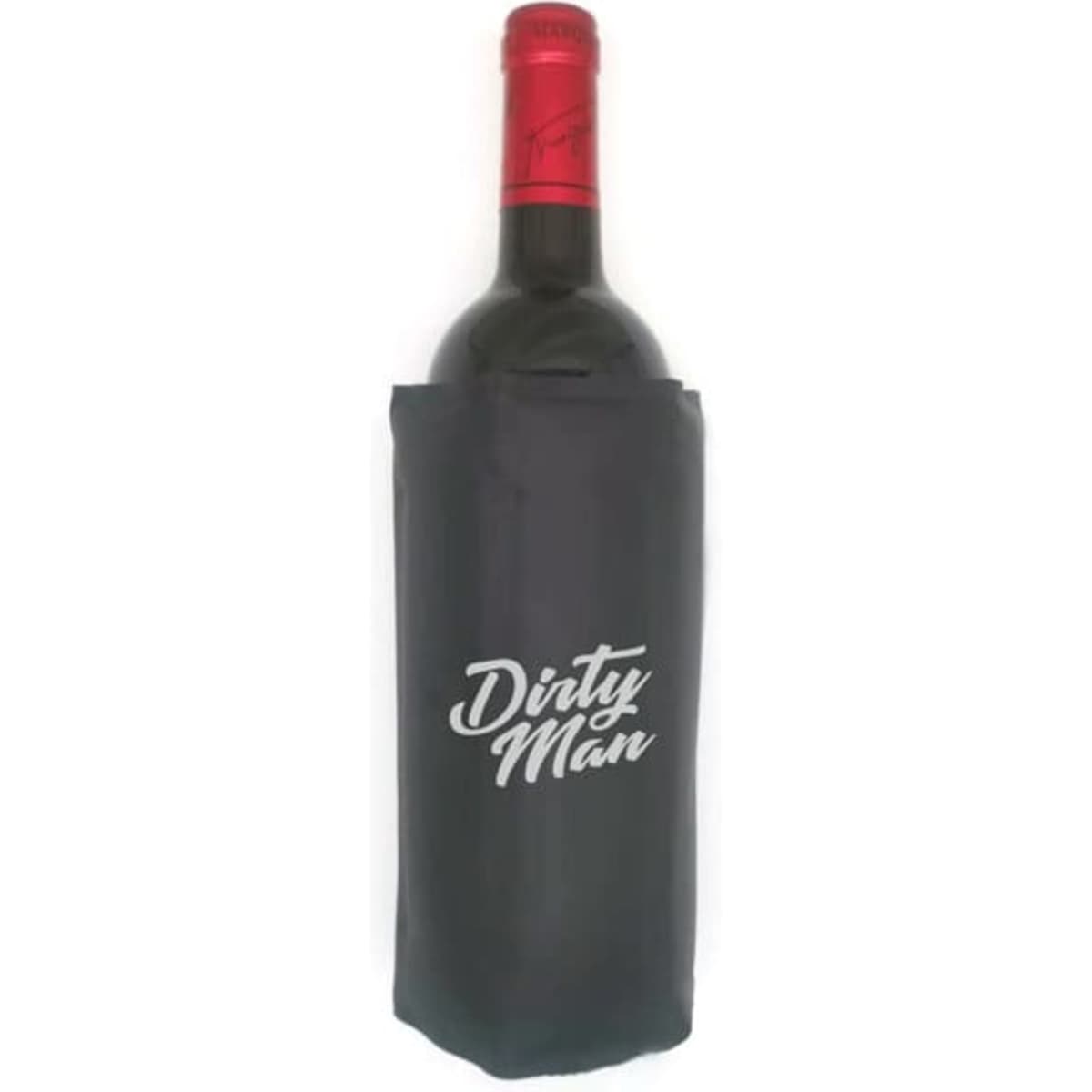 A drink bottle wrapped in a black cooler with a logo, featuring a red wine bottle.