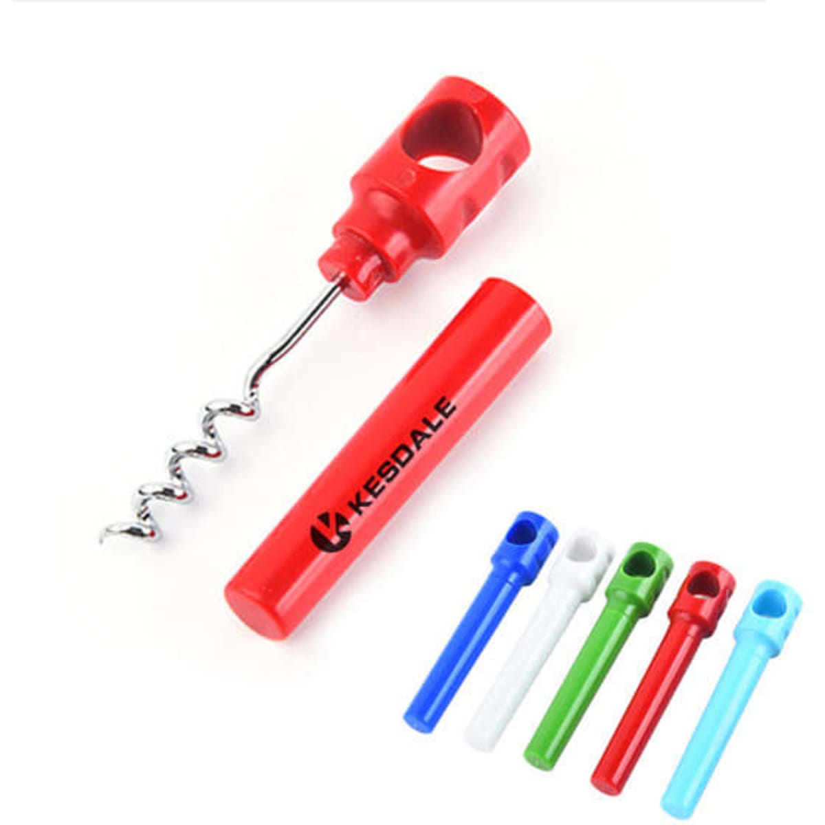 A corkscrew with a red handle and a spiral metal screw, accompanied by three additional handles in blue, green, and white.