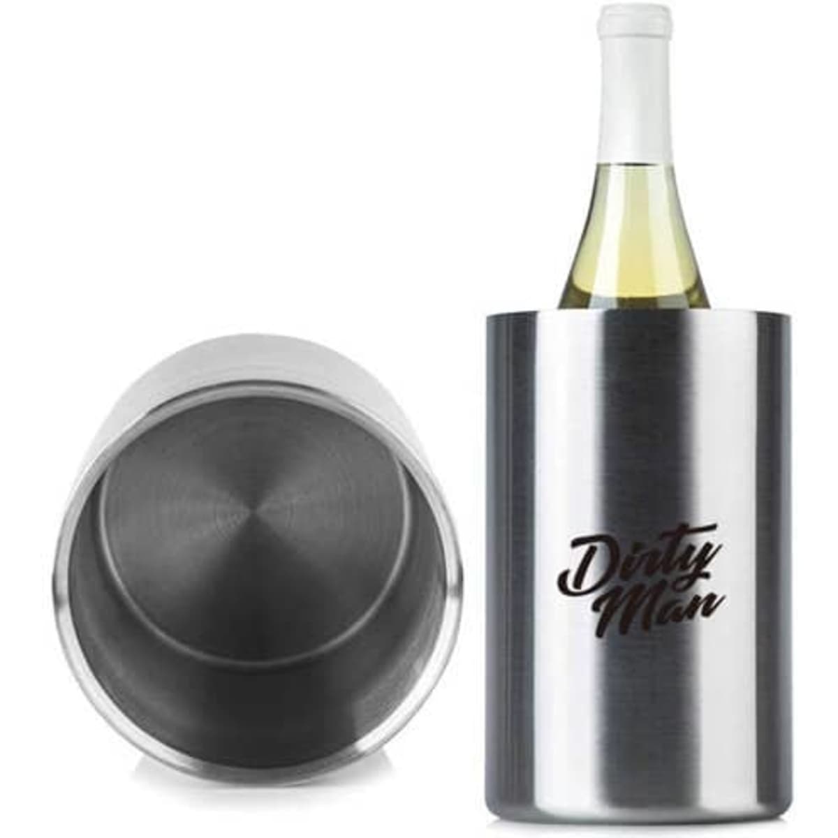 A stainless steel wine cooler with a bottle of white wine inside, featuring a branded logo on the side.