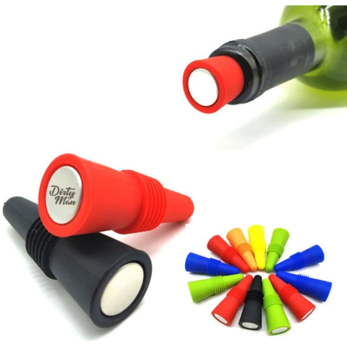 A drink bottle topped with silicone wine stoppers in various colours, including red, black, and green, with a logo.