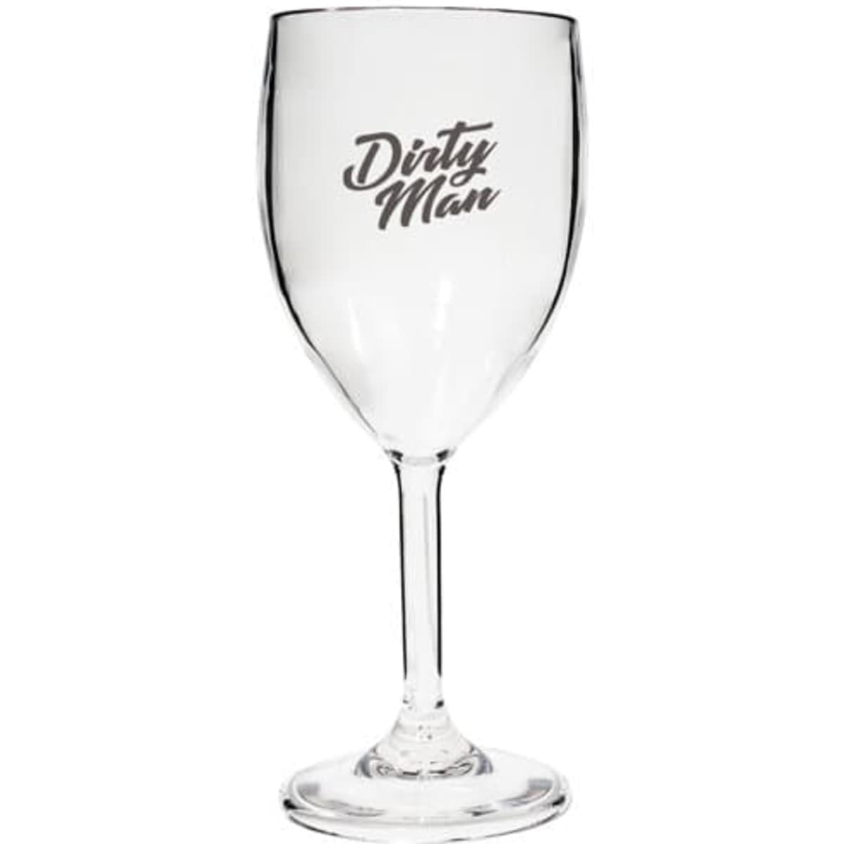 A plastic red wine glass in transparent design featuring a logo. Ideal for casual gatherings.