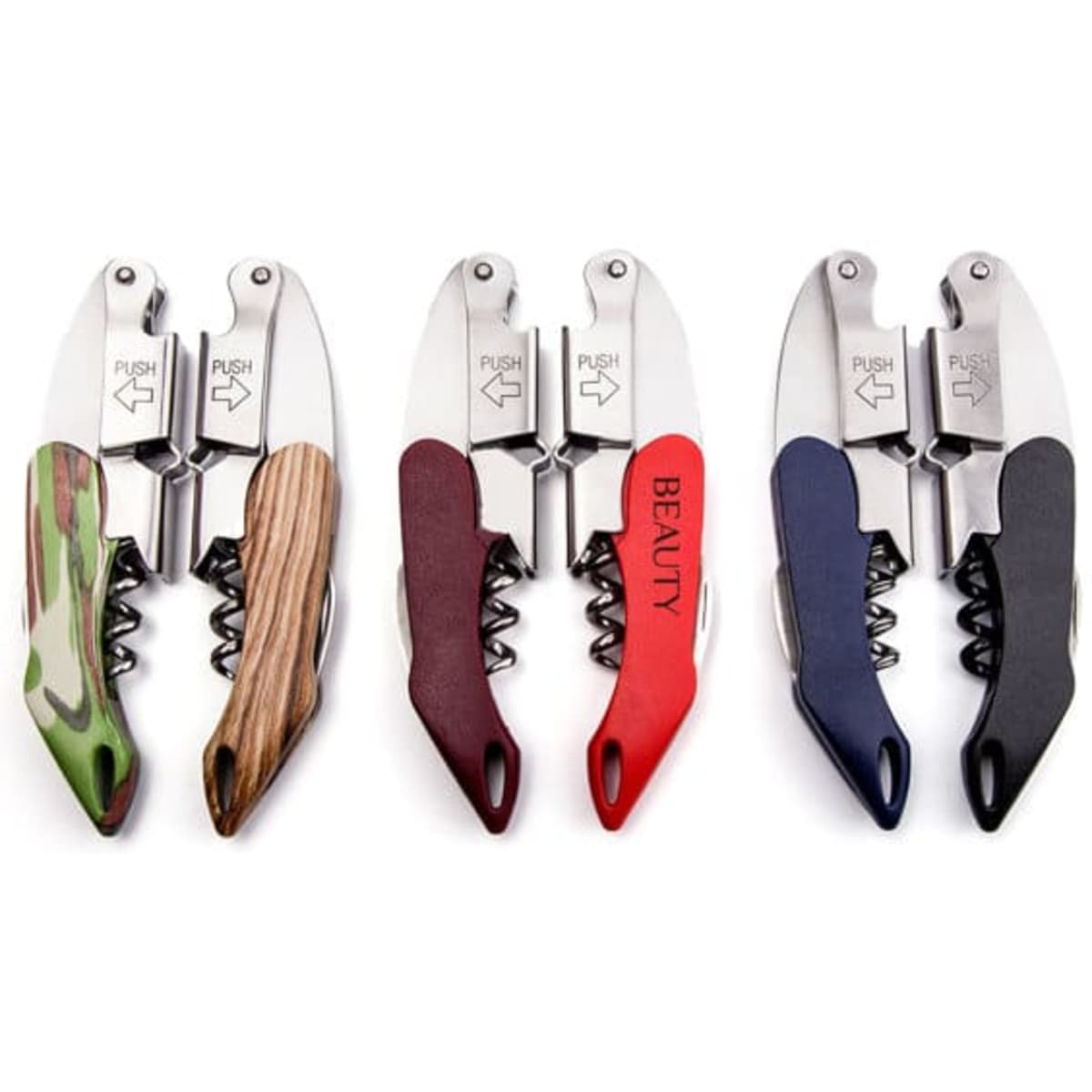 A stainless steel wine corkscrew in various colours: green, maroon, red, and navy, with ergonomic handles.