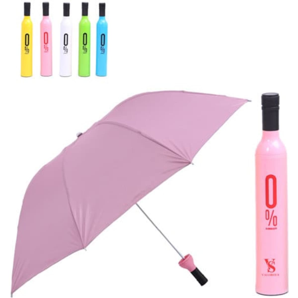 A drink bottle umbrella in pink with a variety of colourful bottle designs in the background. Contains a logo.