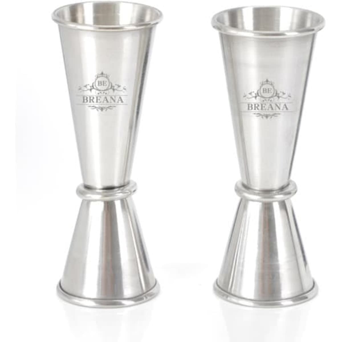 A stainless steel cocktail double jigger with a polished finish and branding. Suitable for precise measuring of liquids.