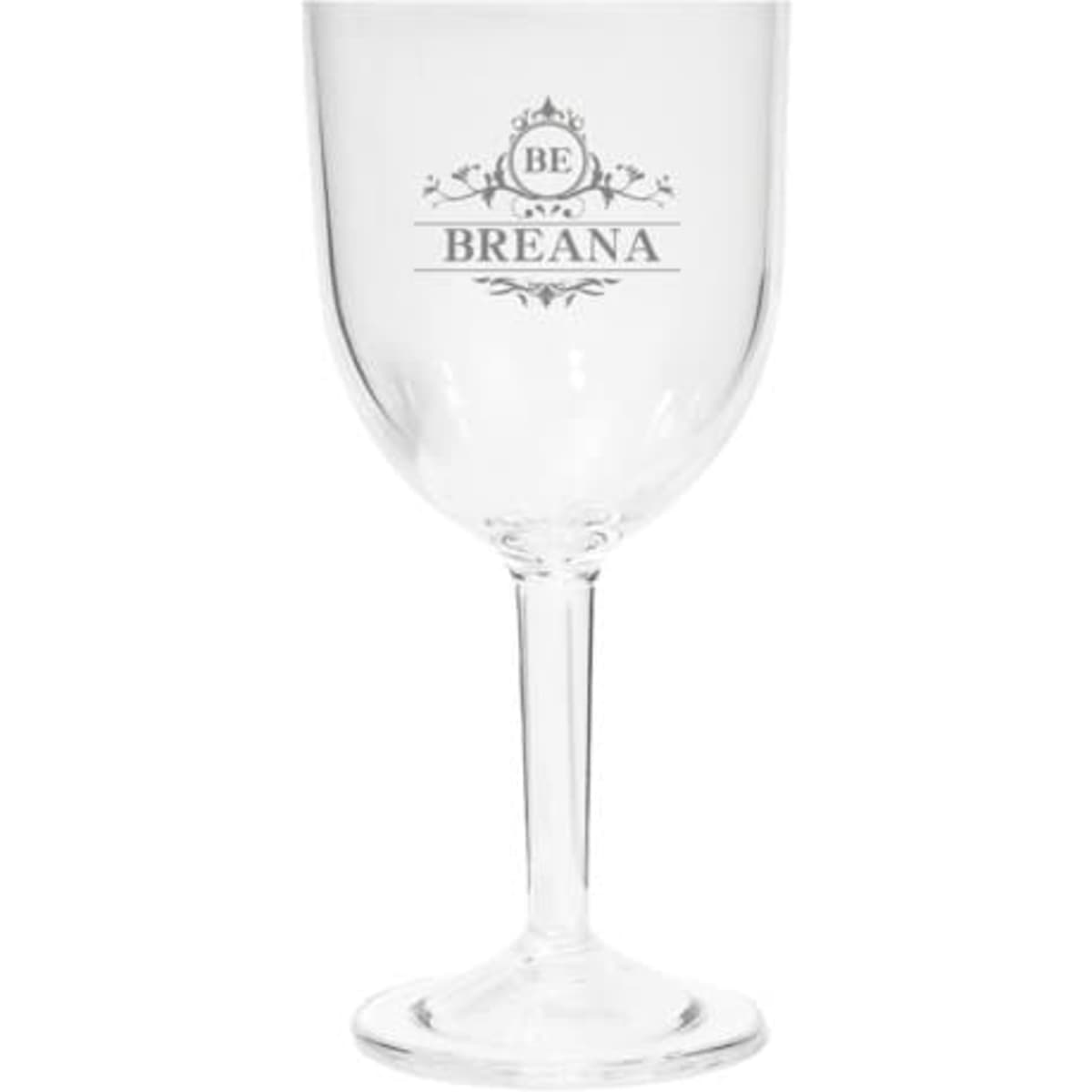 A clear 12 oz. plastic wine glass with a stem and a logo design.