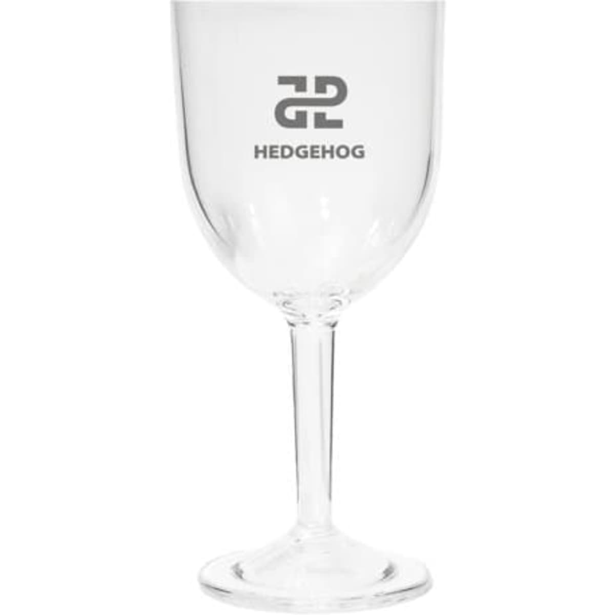 A clear 12 oz. promotional PS plastic wine glass with a stem and a logo printed on the side.