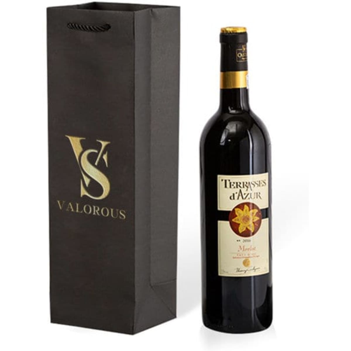 A drink bottle in a black cardboard paper bag, designed for a single bottle, featuring a logo.