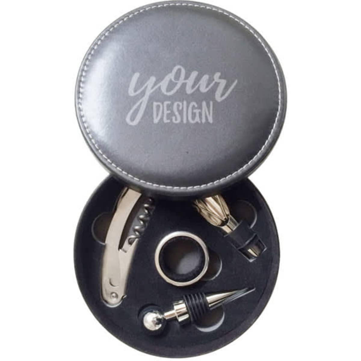 A round grey leather case containing a corkscrew, a pour spout, and a bottle stopper, with space for custom design.