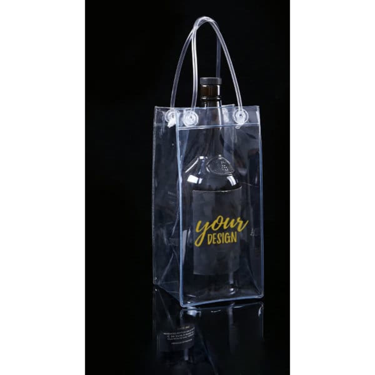 A clear PVC wine gift bag with a bottle inside, featuring a handle and a branding logo.