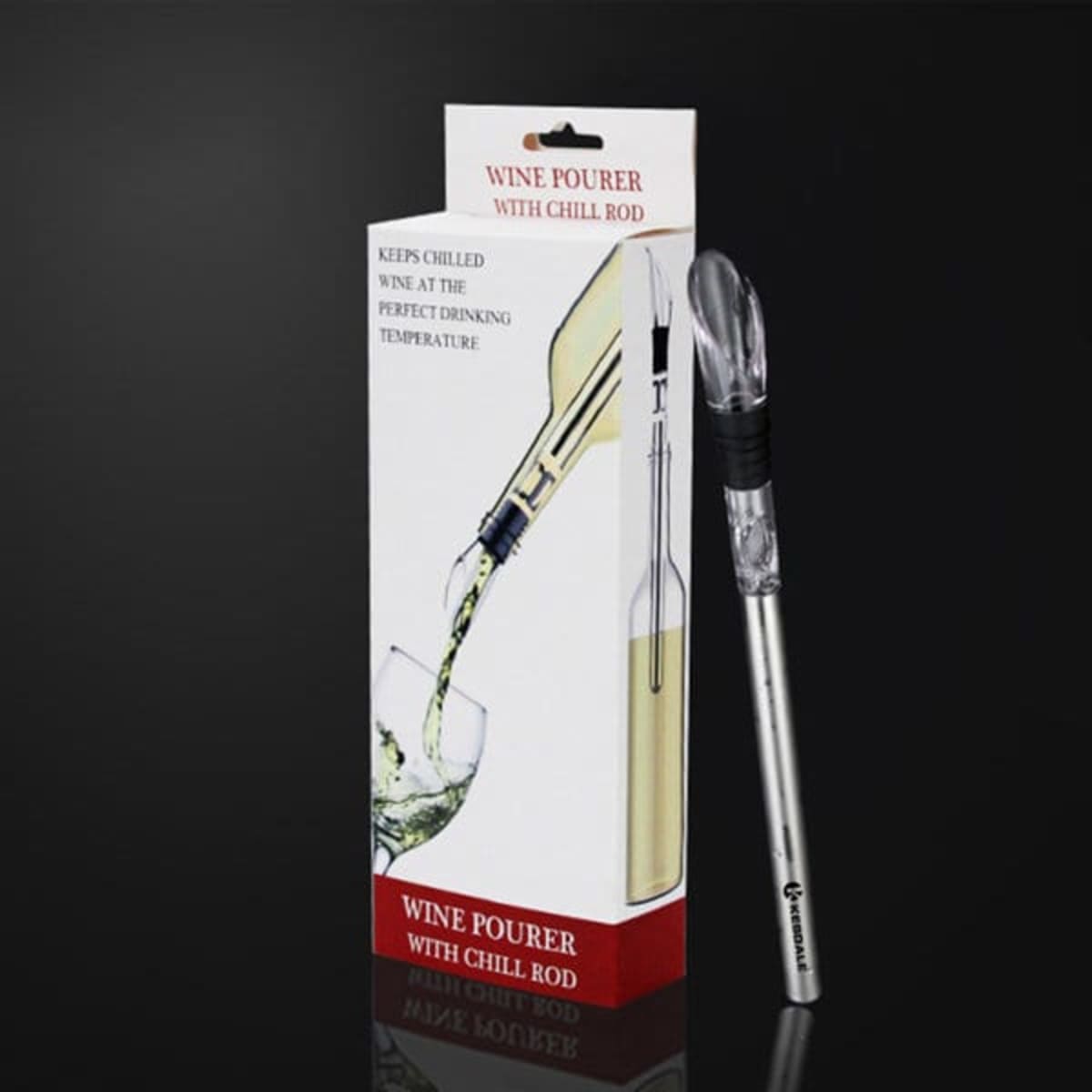 A wine pourer with a chill rod, featuring a silver design, displayed in an accompanying box.