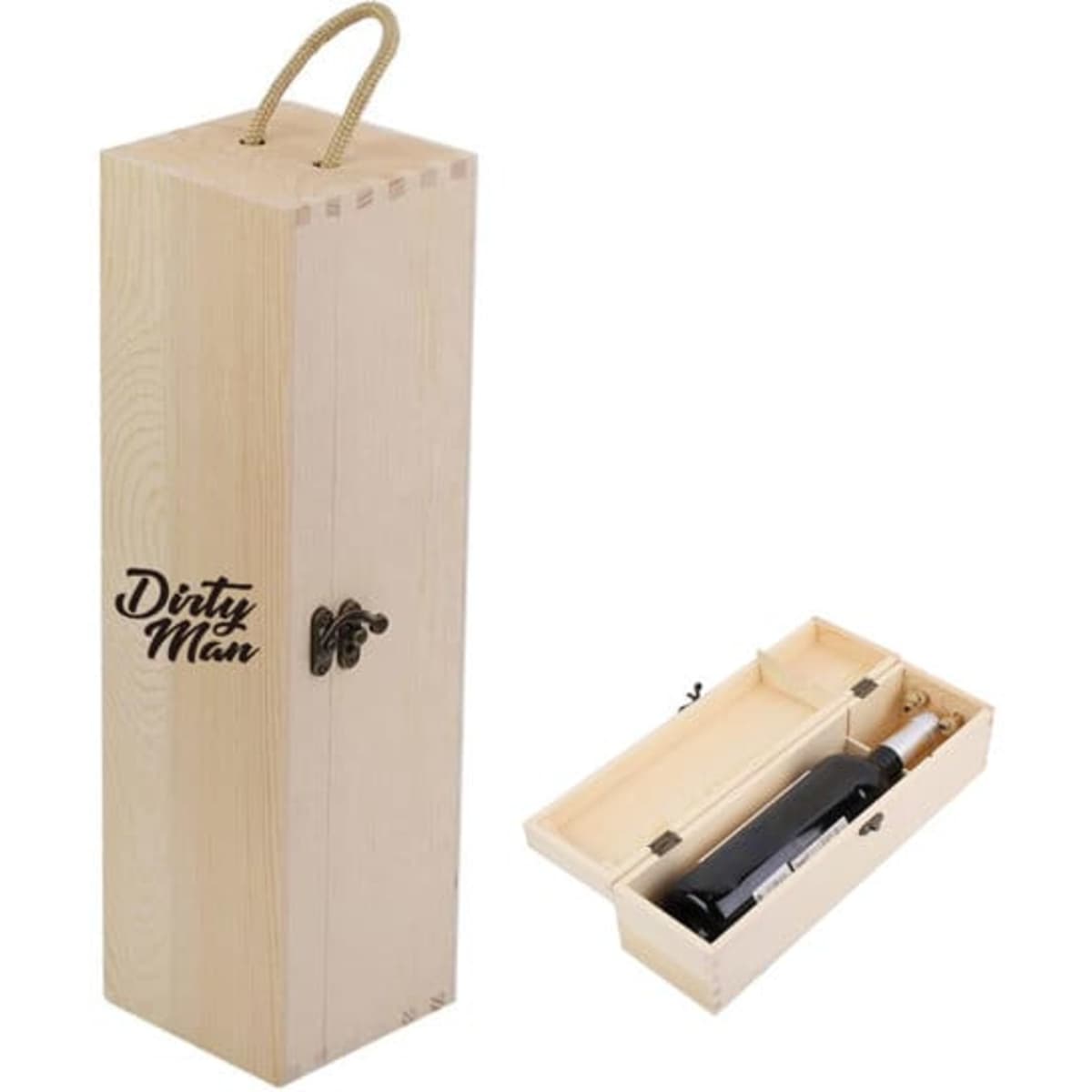 A wooden wine box in natural colour with a hinged lid and rope handle, featuring a logo. Contains a wine bottle.