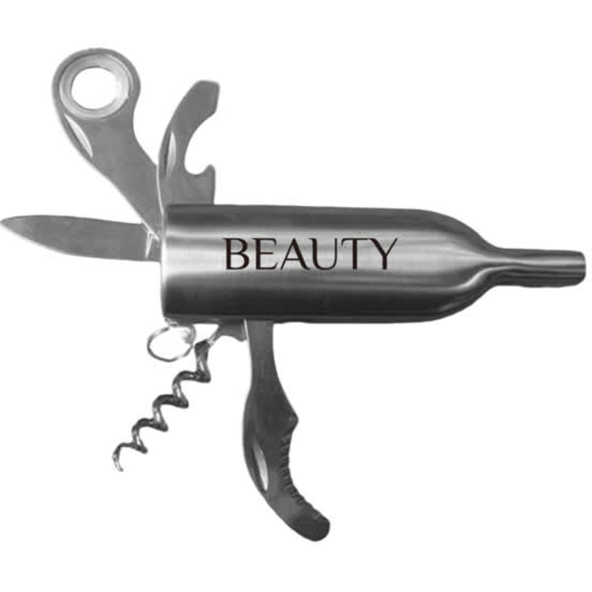 A drink bottle opener shaped like a wine bottle, featuring silver metal construction and a branding logo.