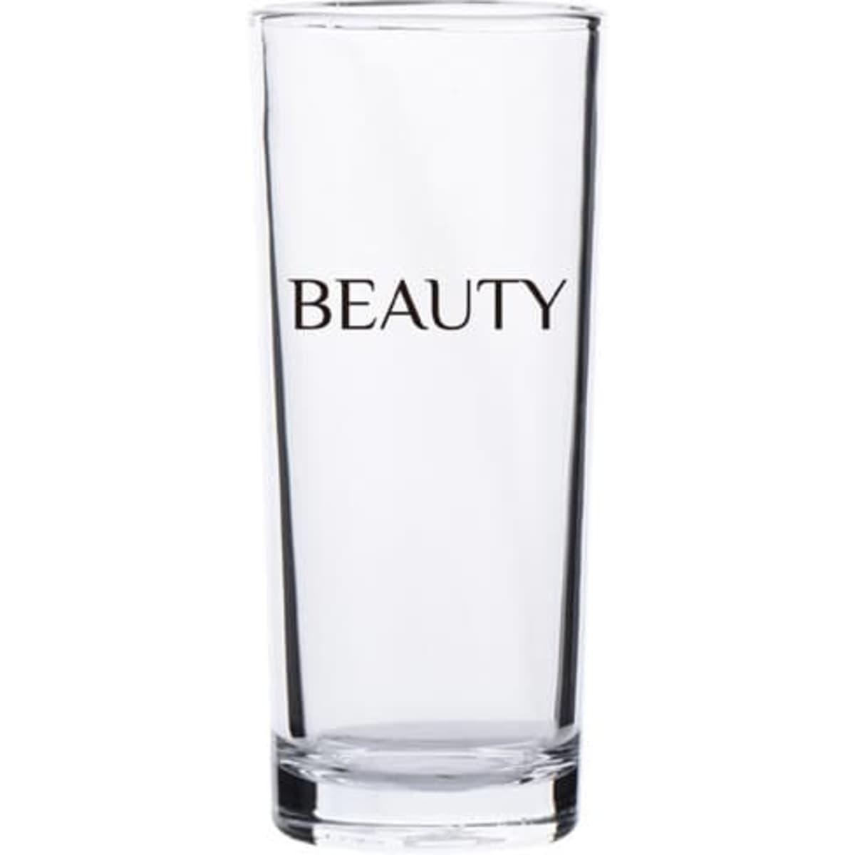 A tall, transparent 7 oz. highball glass featuring a simple black logo.