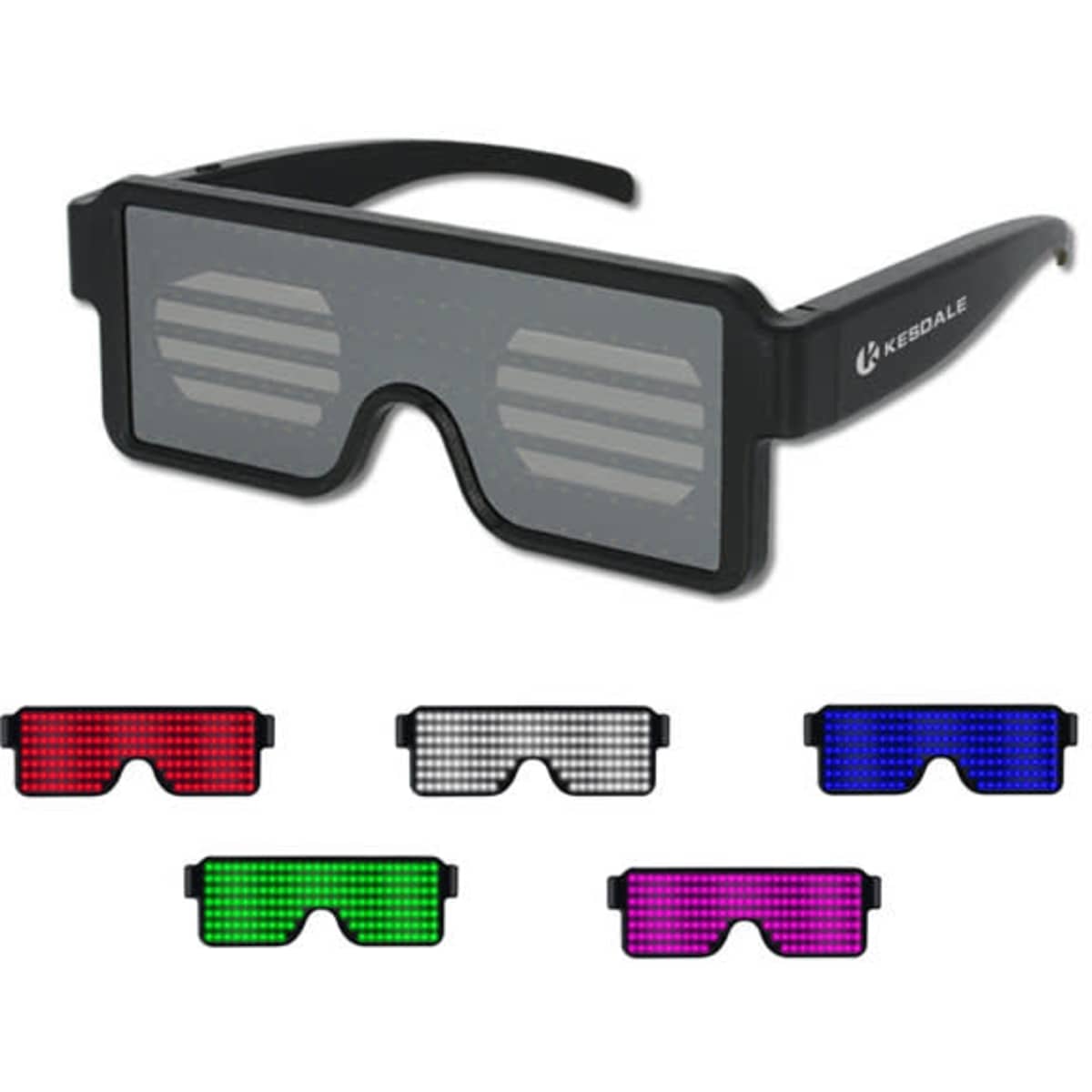 Dynamic LED glasses in black with six colour options: red, green, blue, purple, white, and pink. Features branded logo.