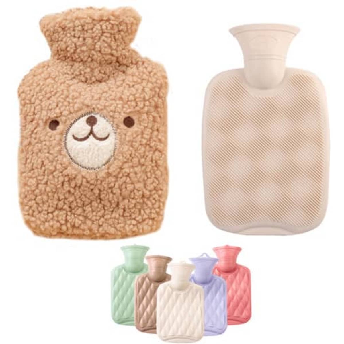 A hot water bag with a beige fur cover featuring a bear face, alongside various pastel-coloured hot water bags.