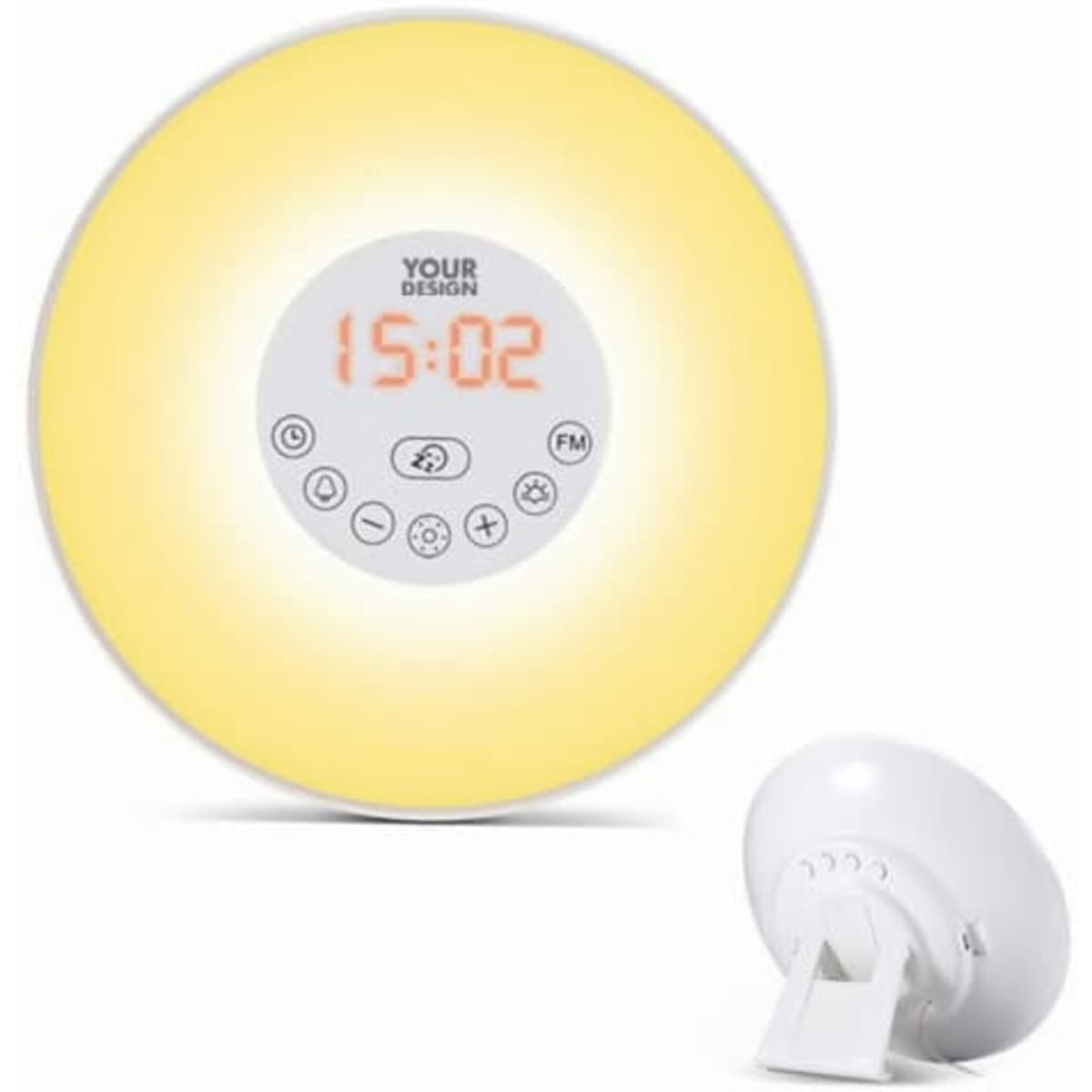 A round, yellow wake-up light digital alarm clock with a white base and control buttons on the front.