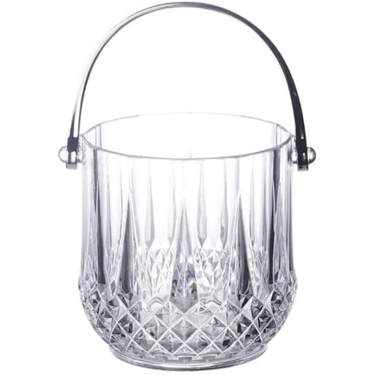 Acrylic ice bucket with a silver handle, featuring a crystal-like design in clear colour.
