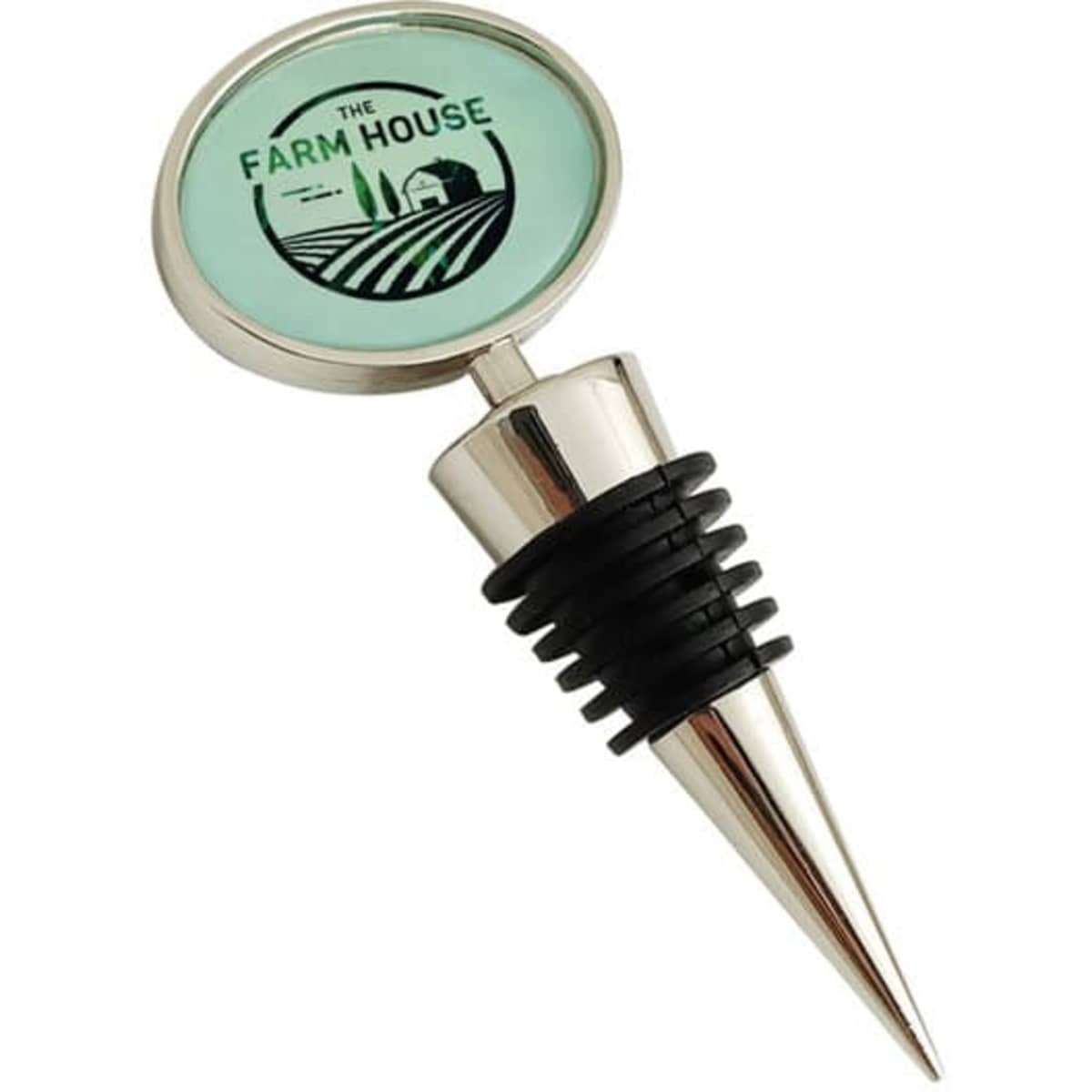 A drink bottle stopper featuring a round mint green top with a logo and a metallic silver base with a rubber stopper.