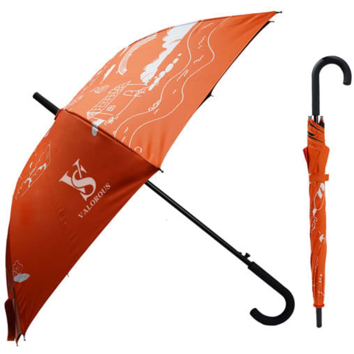 An orange straight long handle umbrella with a curved black handle, featuring a design and a logo.