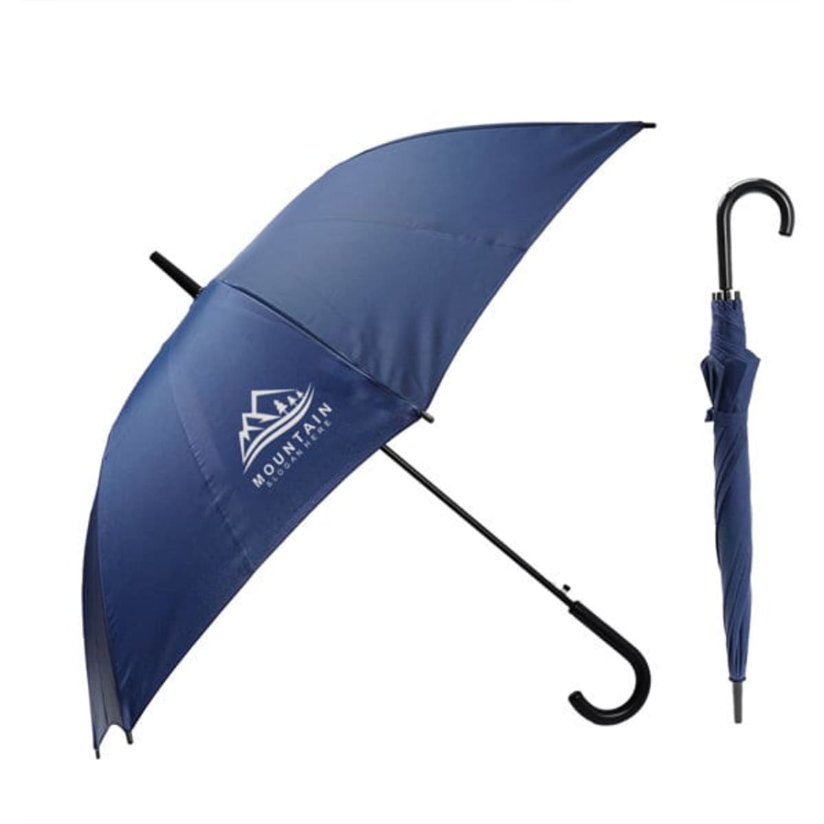 A long handle straight umbrella in navy blue with a black curved handle and a logo on the canopy.