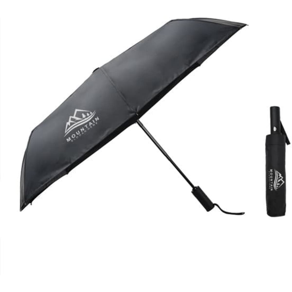 A black automatic folding travel umbrella with a compact carrying case, featuring a logo.