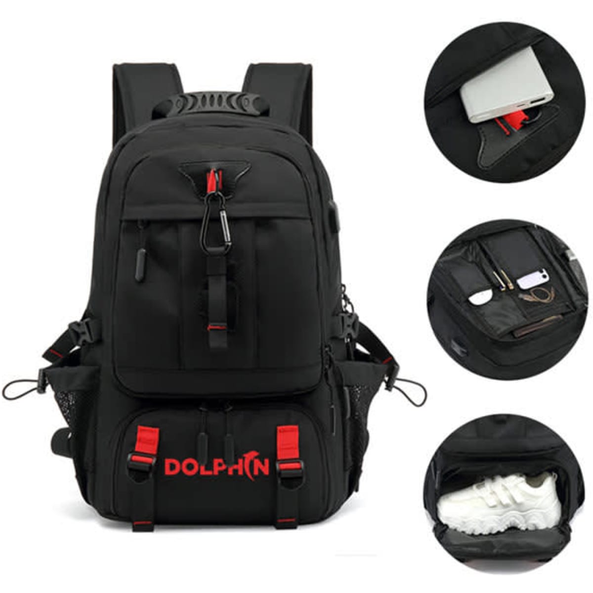 A large black travel backpack with multiple compartments, zippers, and a logo. Features include a charging port and shoe compartment.