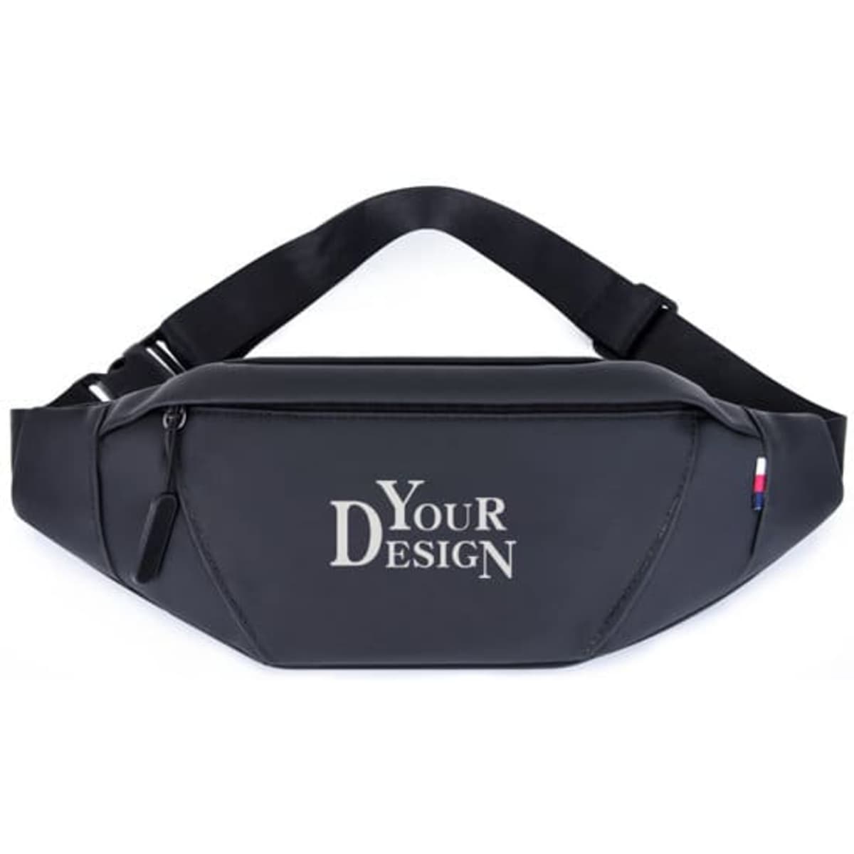 A black portable Oxford fanny pack with an adjustable strap and a logo on its surface.