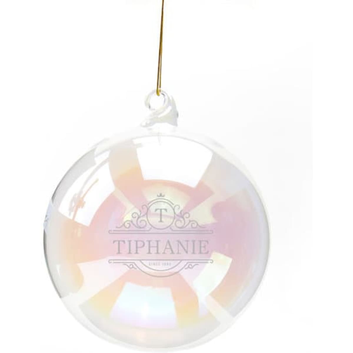 A clear glass ball featuring an iridescent finish and a hanging attachment, with a logo and branding.