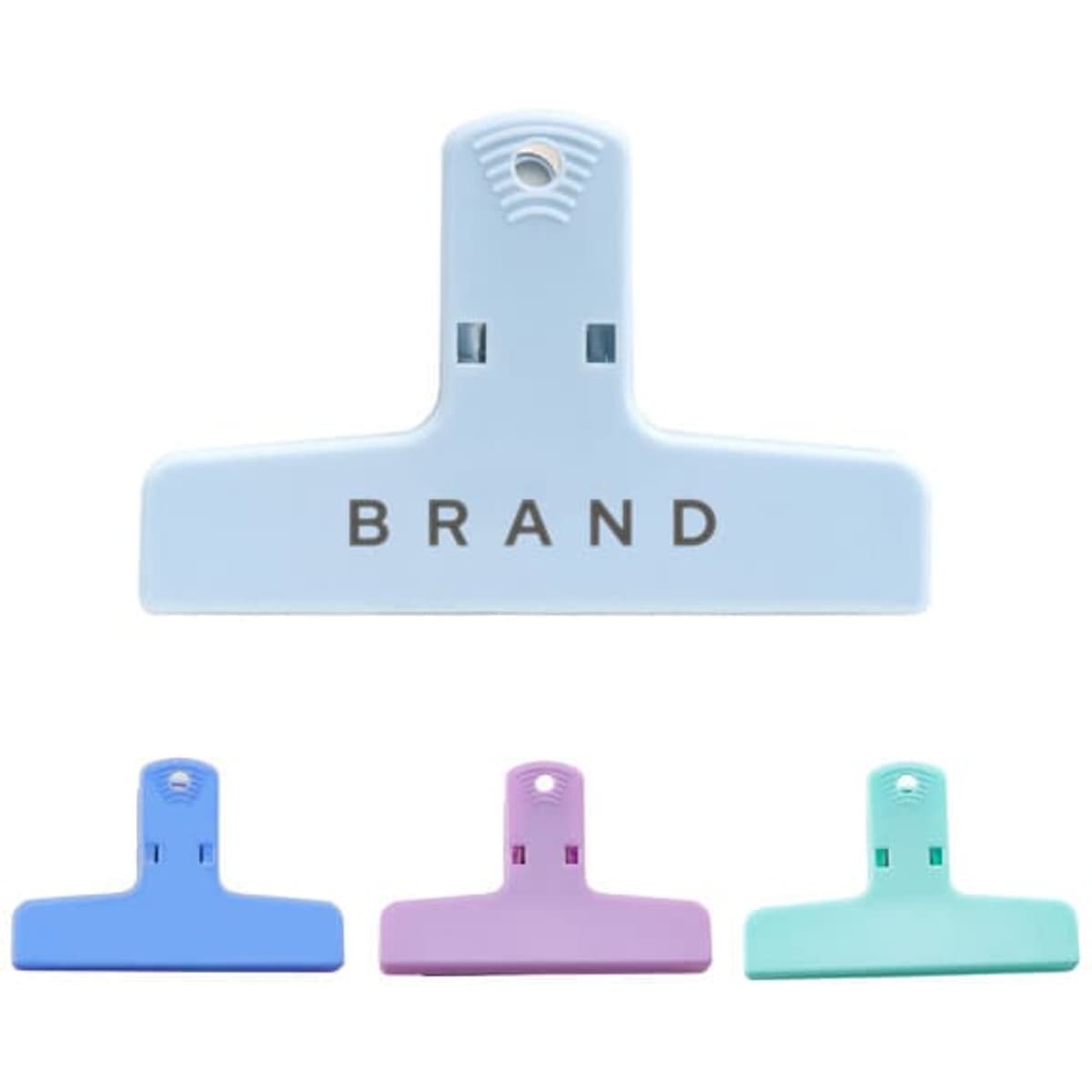 A plastic clip for stationery in blue, purple, and green shades, featuring a logo on the blue clip.
