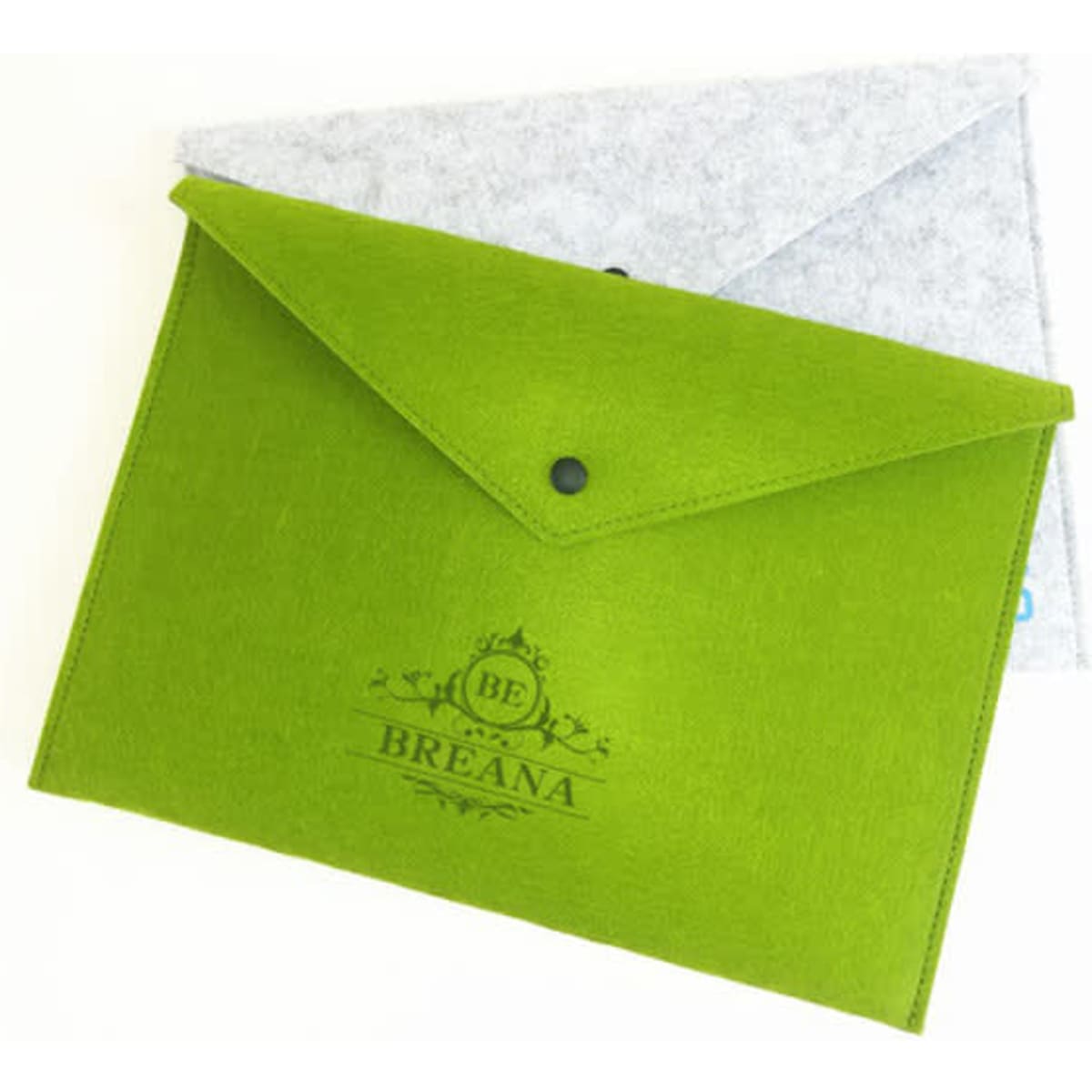 A green felt file folder with a button closure, featuring a grey felt background. It has a logo on the front.
