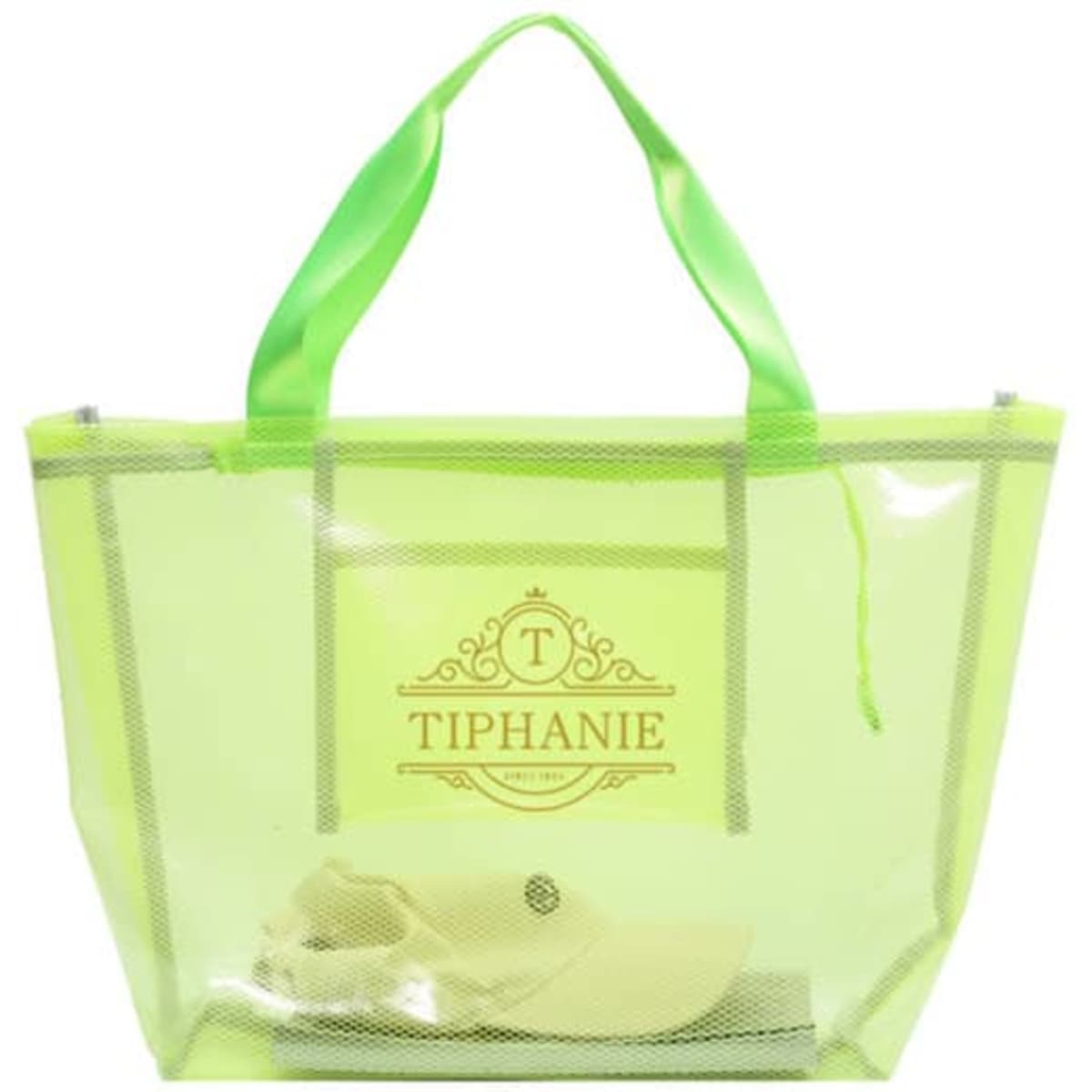 A clear PVC tote bag in neon green with matching handles and a white hat inside. It has a logo on the front.