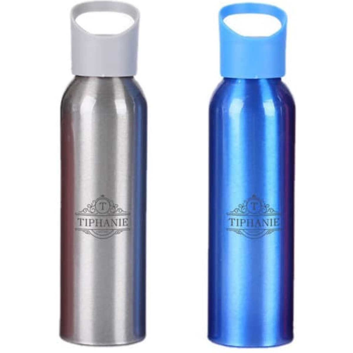 A drink bottle set featuring a silver aluminum bottle with a grey lid and a blue bottle with a blue lid, both with branding.