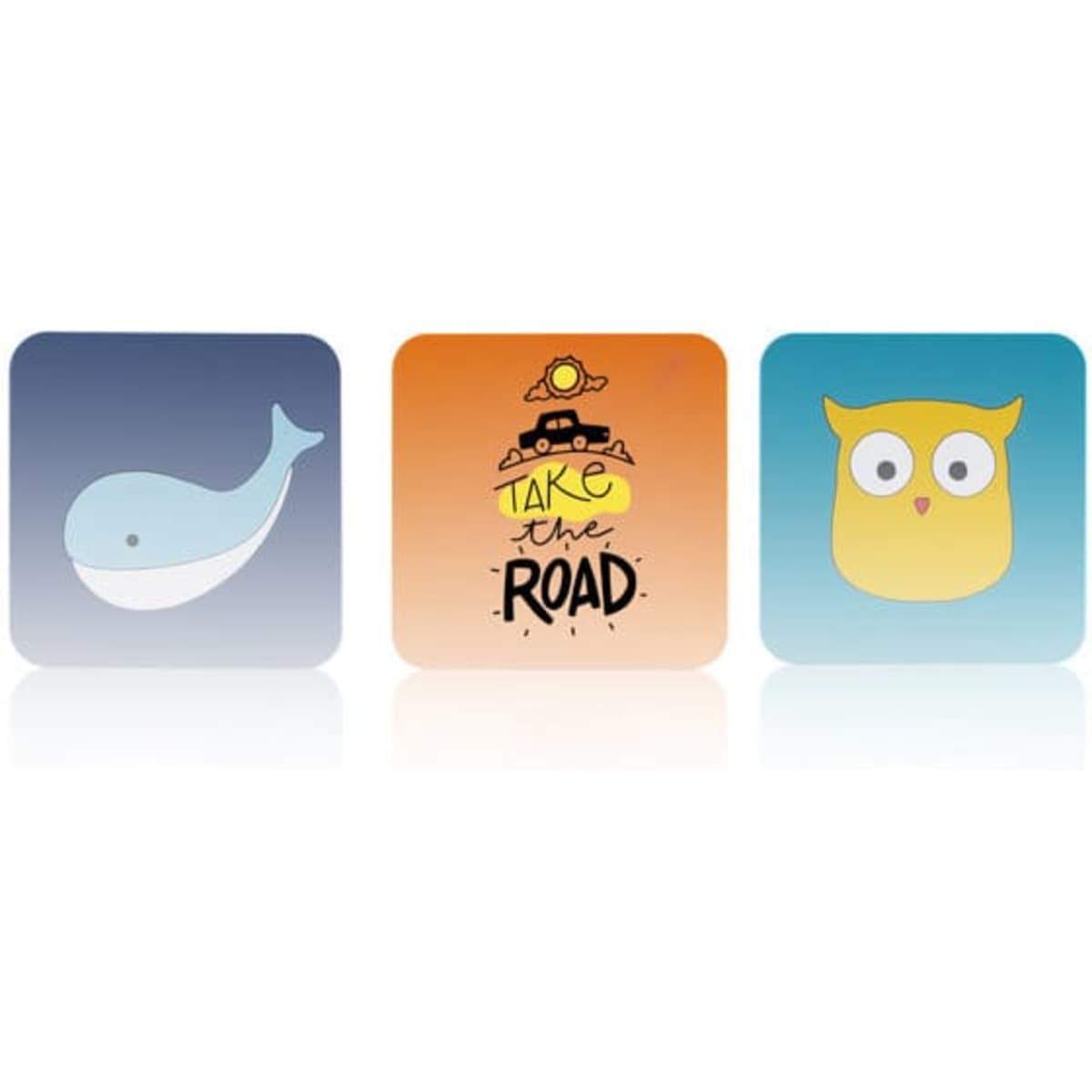 Three cartoon non-slip drink coasters featuring a blue whale, an orange sunset design with a car, and a yellow owl.