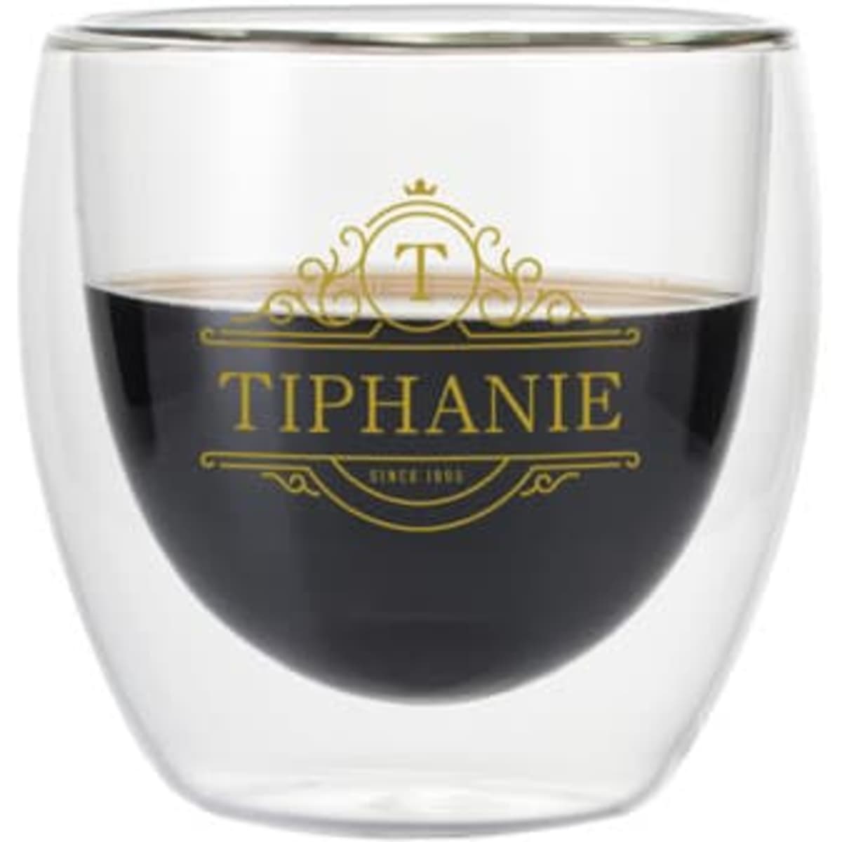 A double wall glass cup with a clear exterior and a dark beverage inside, featuring a logo design.
