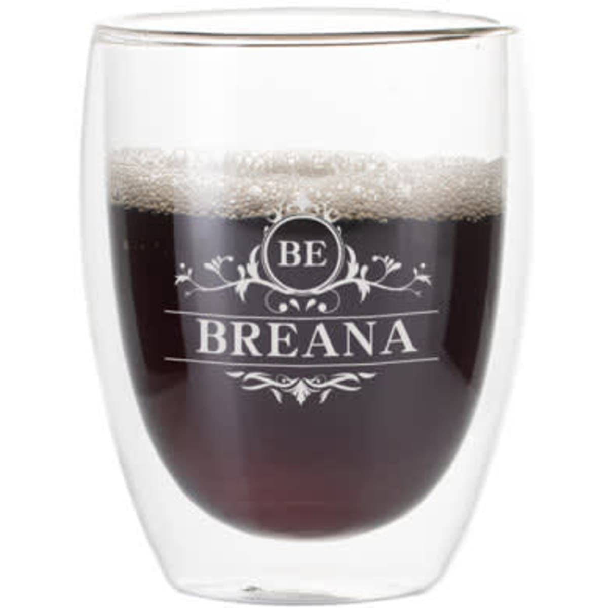 A drink cup featuring a transparent double-layer design with a logo, filled with dark liquid.