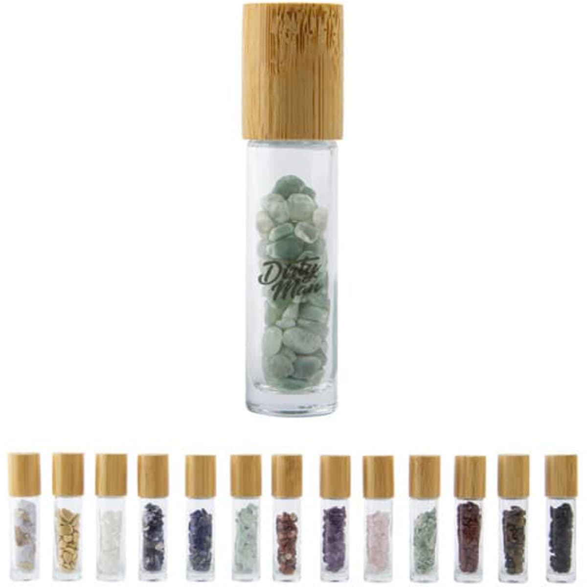A 10ml natural gemstone roller ball bottle with a bamboo lid and assorted coloured gemstones inside.