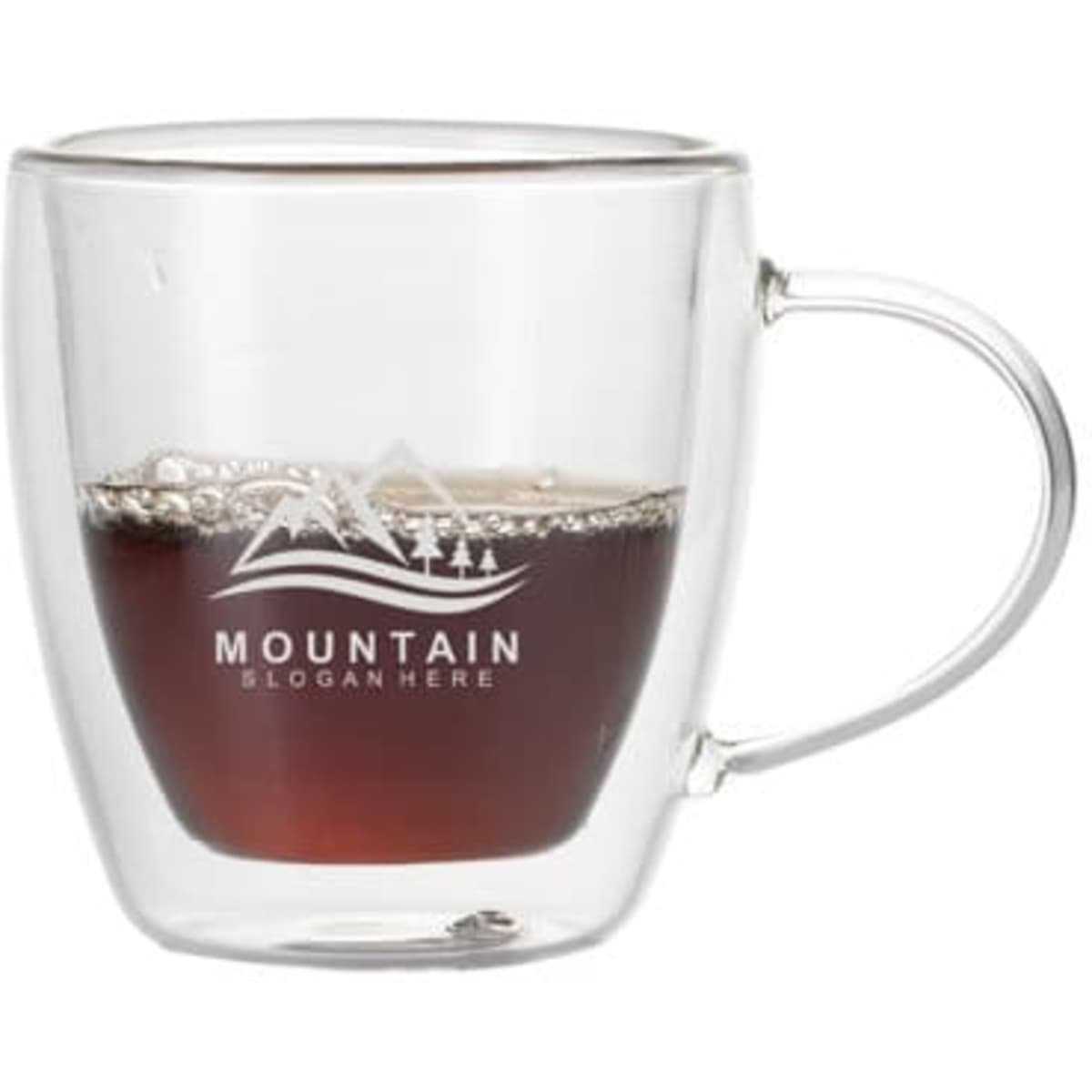 A double-layer glass coffee cup with a handle, featuring a clear design and a filled brown beverage inside.