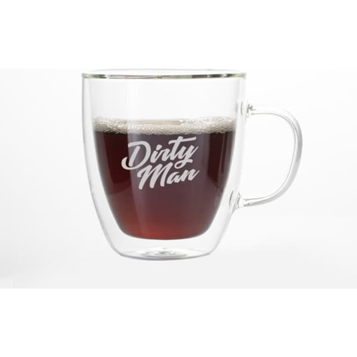 A glass coffee cup with a handle, featuring a transparent design and filled with dark liquid.
