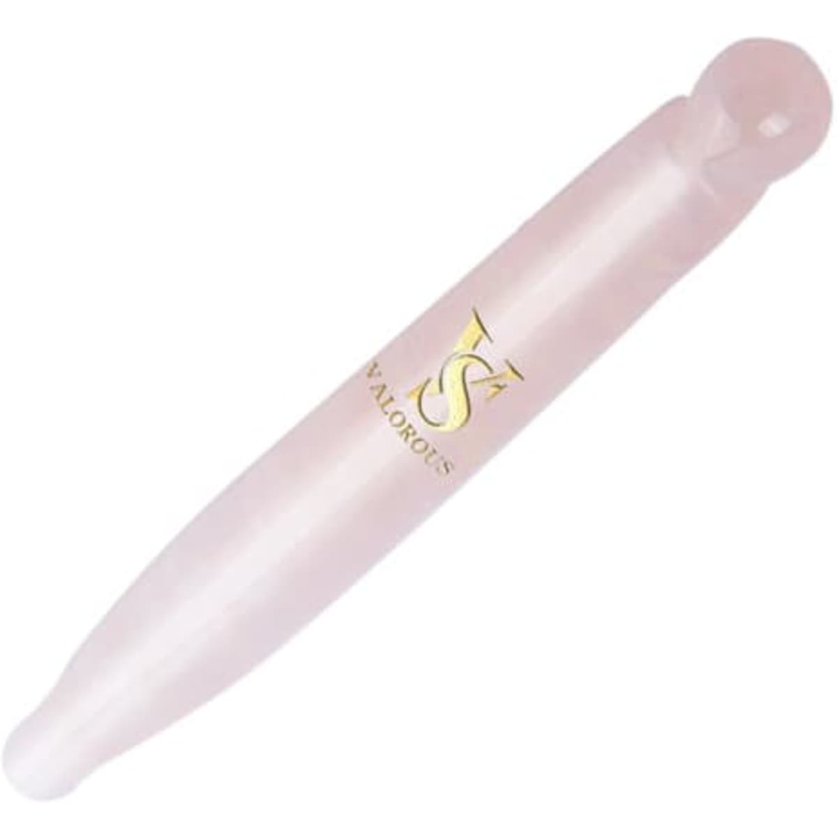 A pink jade Gua Sha acupressure point bar with a logo on its surface, designed for health and beauty.