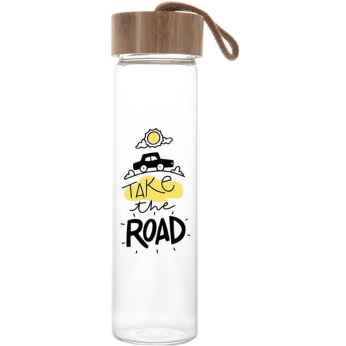 A drink bottle made of clear glass with a bamboo lid and a design featuring a vehicle and sun, attached with a rope.