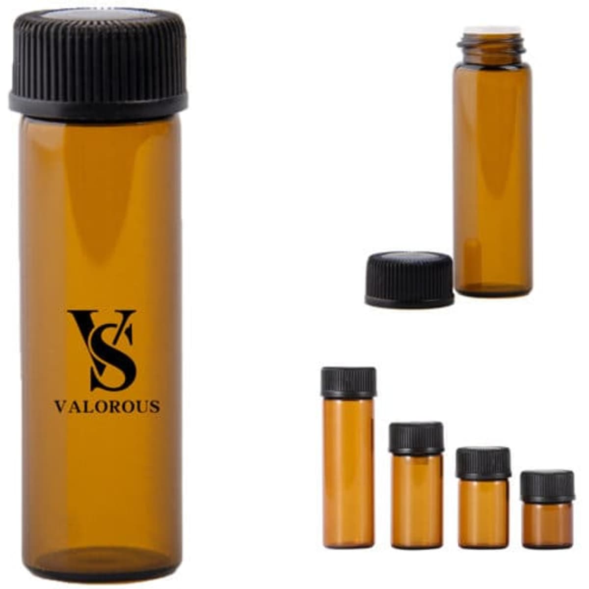 Amber 5ml glass essential oil bottle with a black cap and a logo, shown from multiple angles.