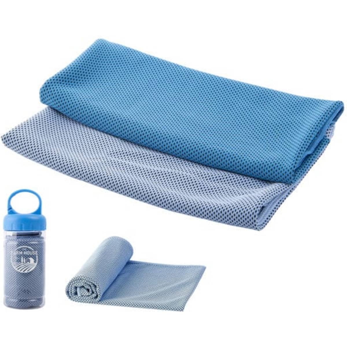 A lightweight microfiber cooling gym towel in blue and light blue, accompanied by a matching drink bottle with a logo.